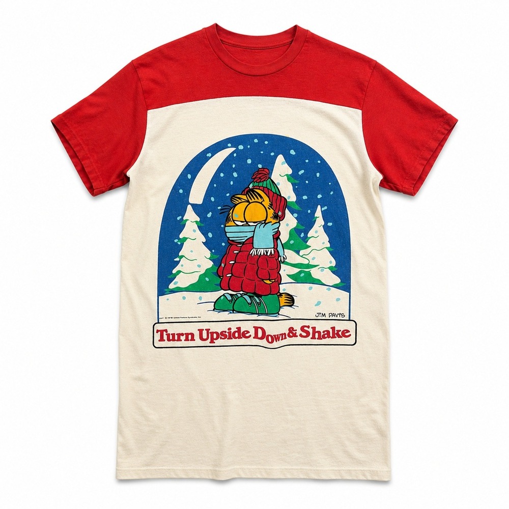 Vtg‎ 1978 Garfield Snow Globe Nightshirt Red White Graphic Tee Jim Davis Holiday